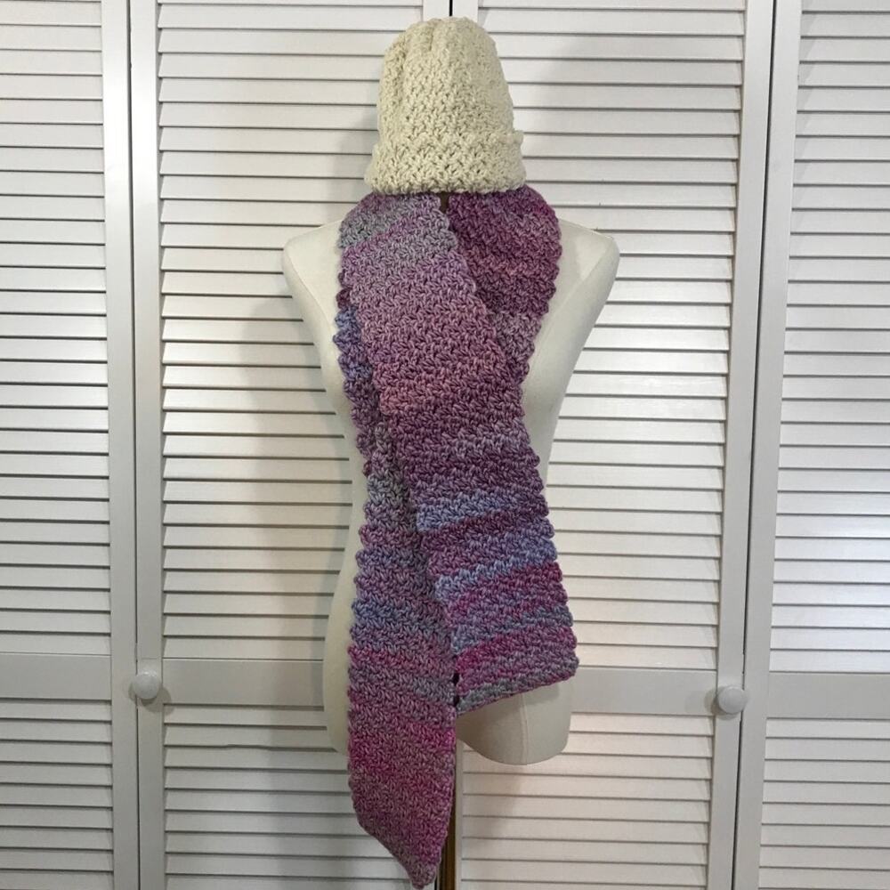 NWT Crochet Boho Cottage white Beanie Purple Scarf 120” Textured Winter Set